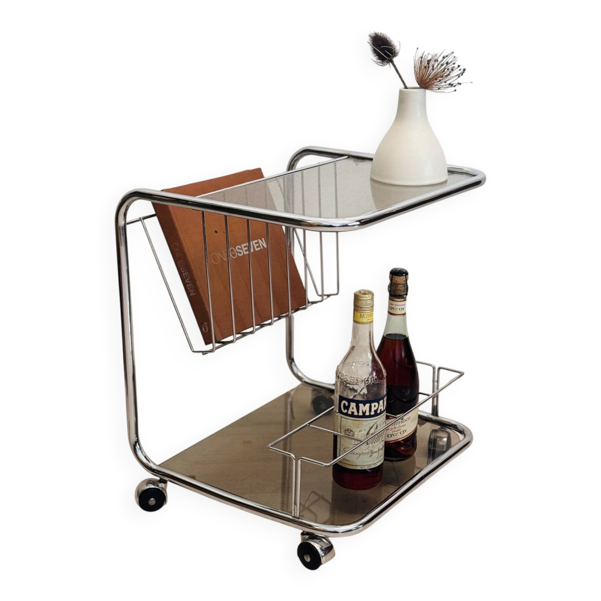 Chariot de bar vintage en cadre de tube chromé avec verre fumé des années 70