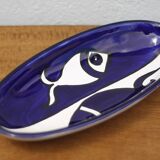 Plat céramique vintage, plat ovale bleu et blanc motifs poisson, made in italy