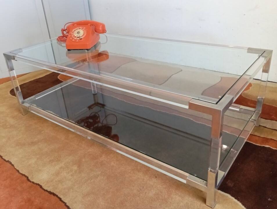 80s Lucite, Glass and Metal Coffee Table