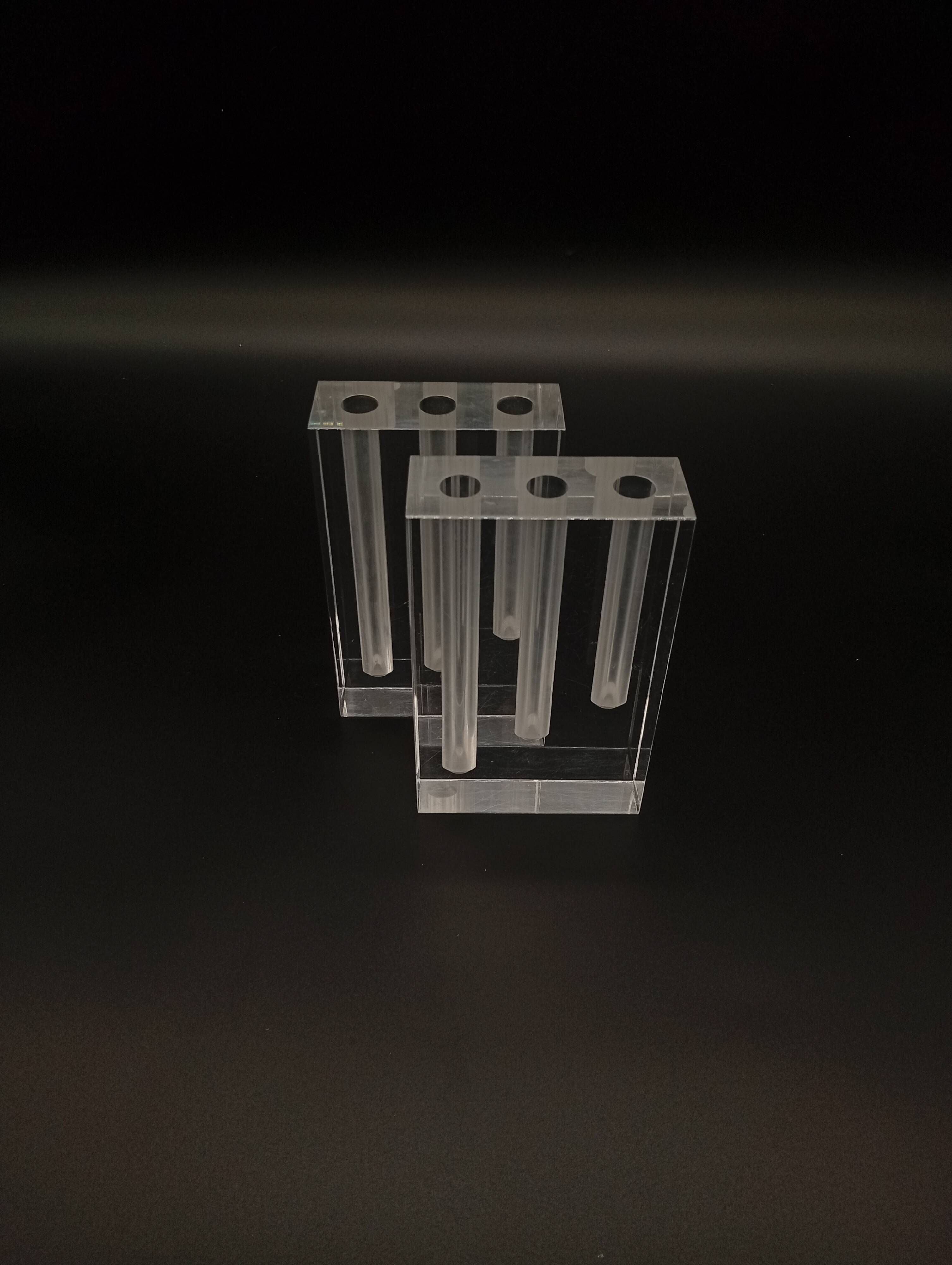 Duo Vase Bloc Résine Lucite Triple Cheminée Plexiglas Design Postmoderne