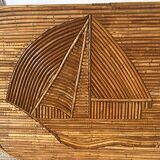 Rattan coffee table with sailboat decor from the 60s
