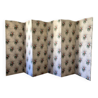 Vintage 6-panel wooden and fabric screen, 1950s-1960s.