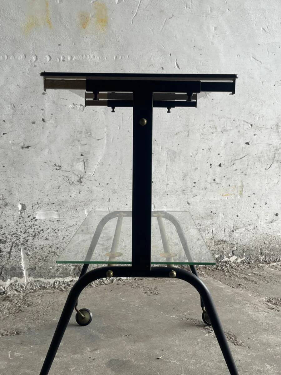 Black brass and glass mid-century trolley with sculptural legs — two-tier vintage bar cart