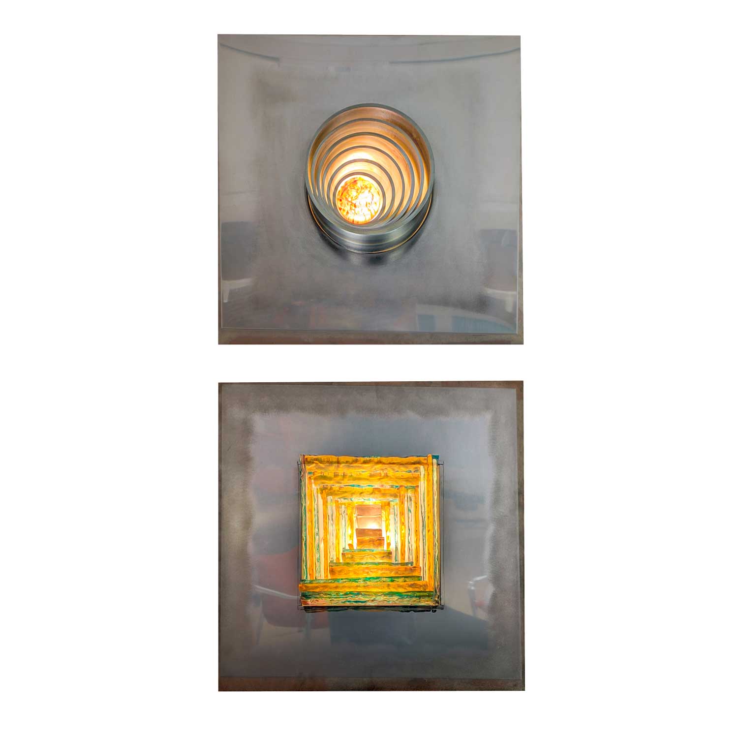 Pair of metal, resin and glass wall lights by Angelo Brotto, circa 1970