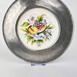 Decorative earthenware and pewter wall plate with fruits
