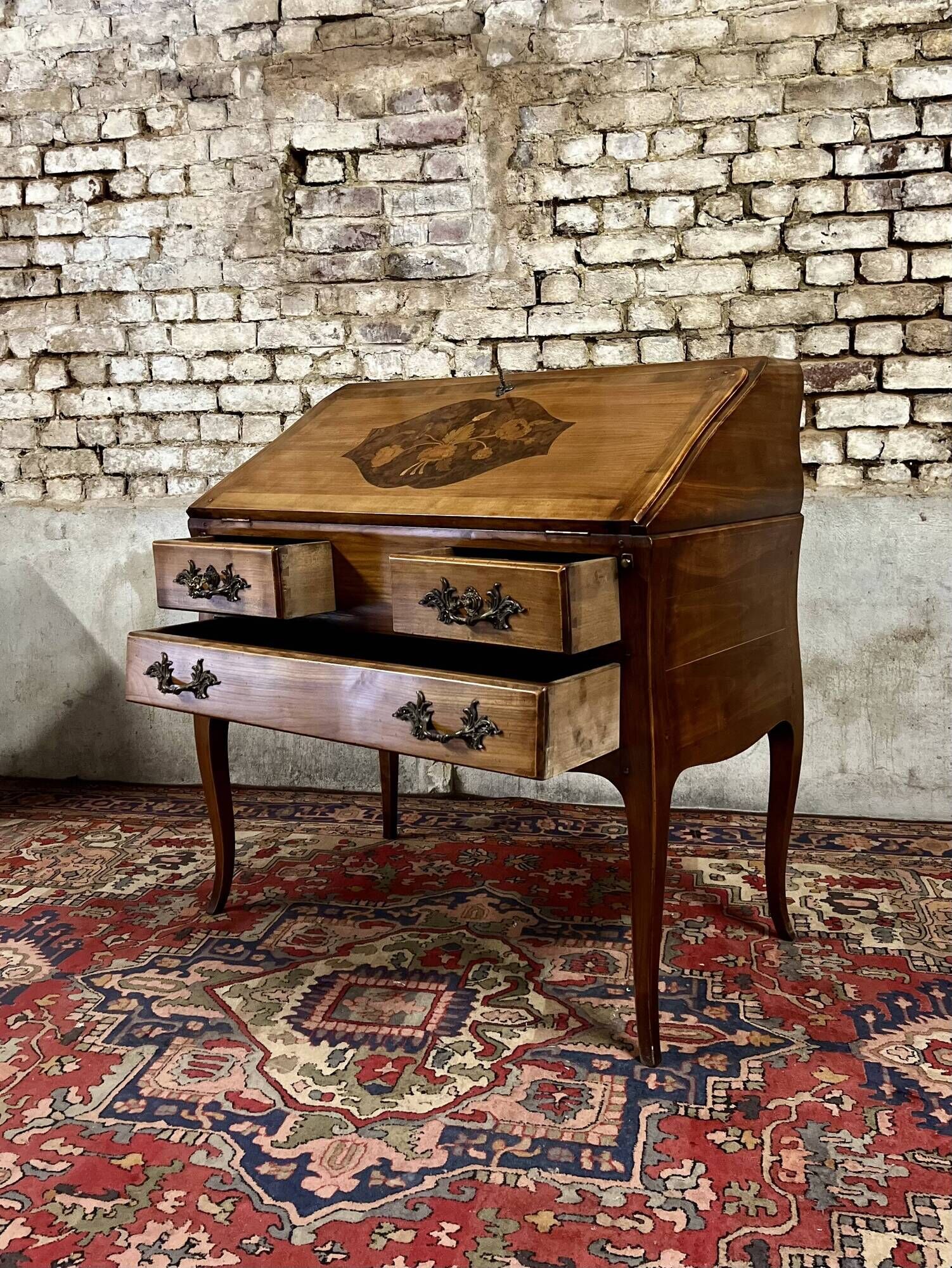 Sloping desk in natural wood and flower marquetry in louis xv style stamped mailfert