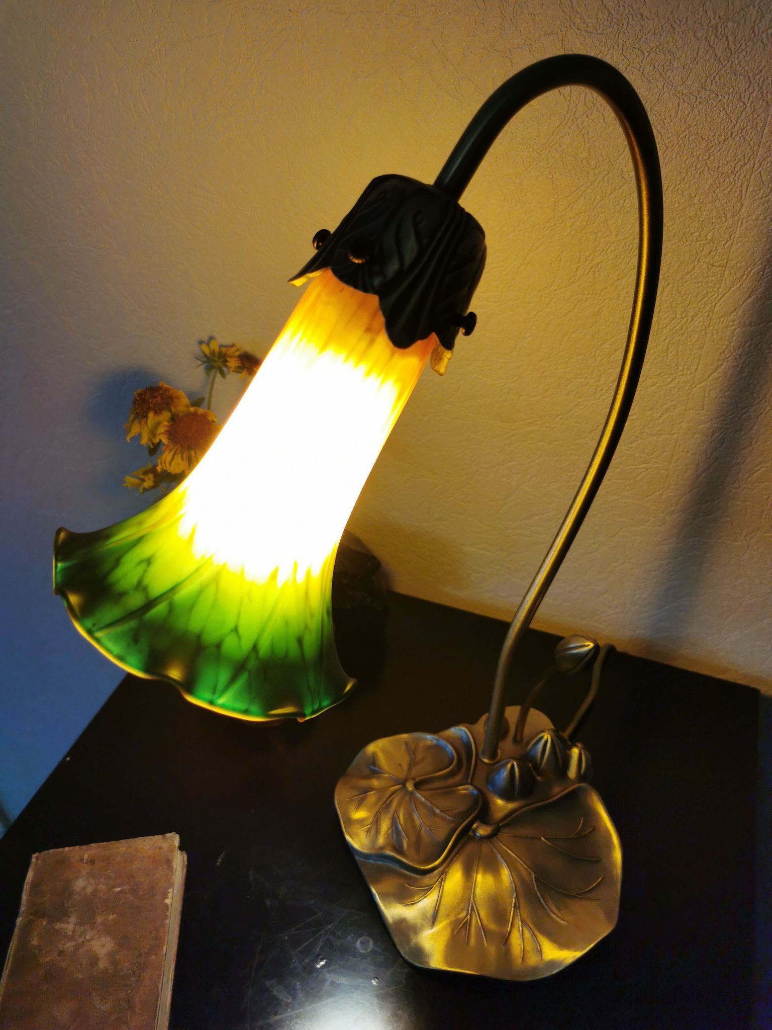 Brass water lily lamp and glass paste, art nouveau style.
