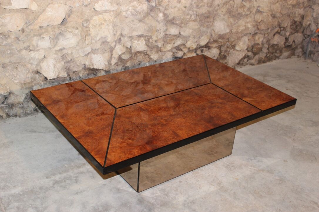 Coffee table, cocktail bar hidden in Elm Magnifier by Paul Michel, 1970 Roche Bobois