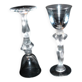 Set of 2 liqueur glasses in bayel crystal, naked woman venus