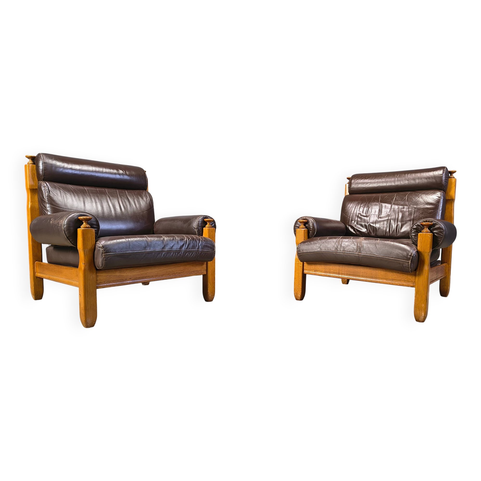 Vintage rustic brown leather and oak armchairs, 1960s - set of 2