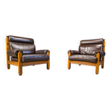 Vintage rustic brown leather and oak armchairs, 1960s - set of 2