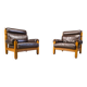 Vintage rustic brown leather and oak armchairs, 1960s - set of 2