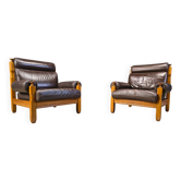 Chaises en cuir brun rustique vintage et chêne, années 1960 - ensemble de 2
