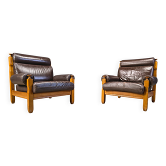 Vintage rustic brown leather and oak armchairs, 1960s - set of 2