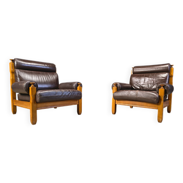 Chaises en cuir brun rustique vintage et chêne, années 1960 - ensemble de 2