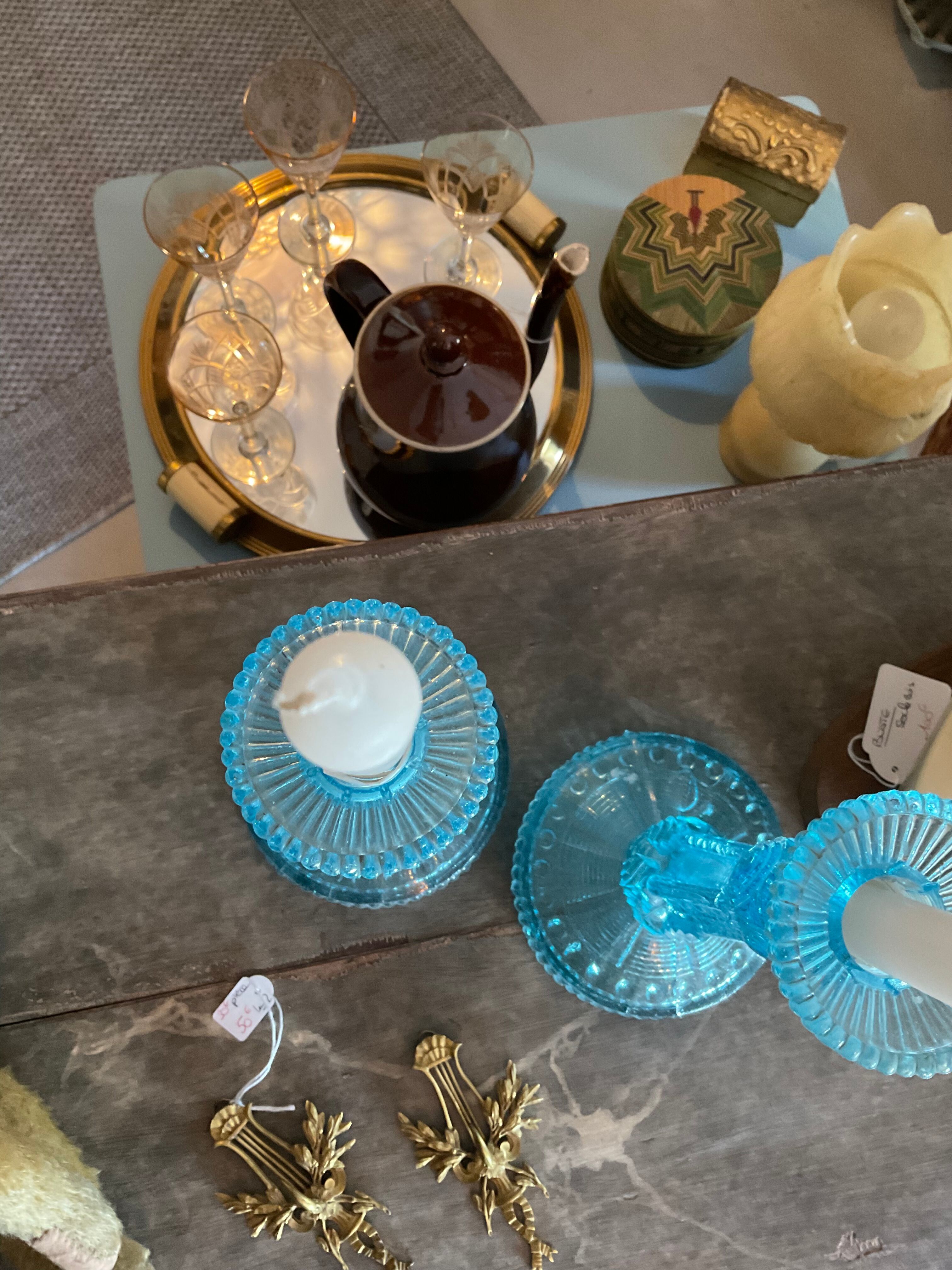 Pair blue glass candle holders.type Art Deco