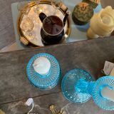 Pair blue glass candle holders.type Art Deco