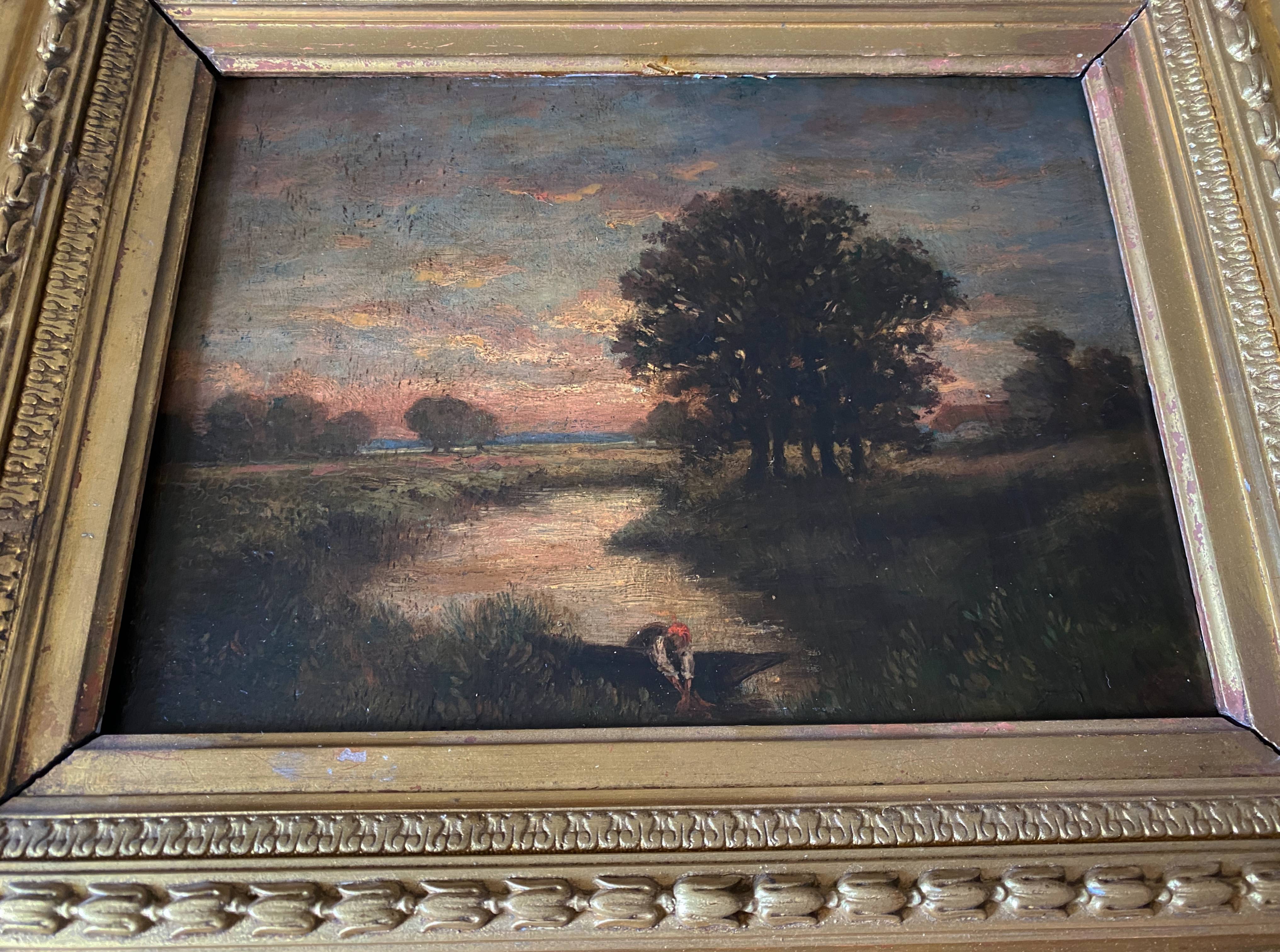 Painting "Landscape with washerwoman" cf. Théodore Rousseau XIX° + frame