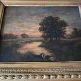 Painting "Landscape with washerwoman" cf. Théodore Rousseau XIX° + frame