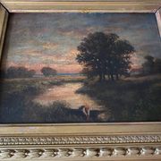 Painting "Landscape with washerwoman" cf. Théodore Rousseau XIX° + frame