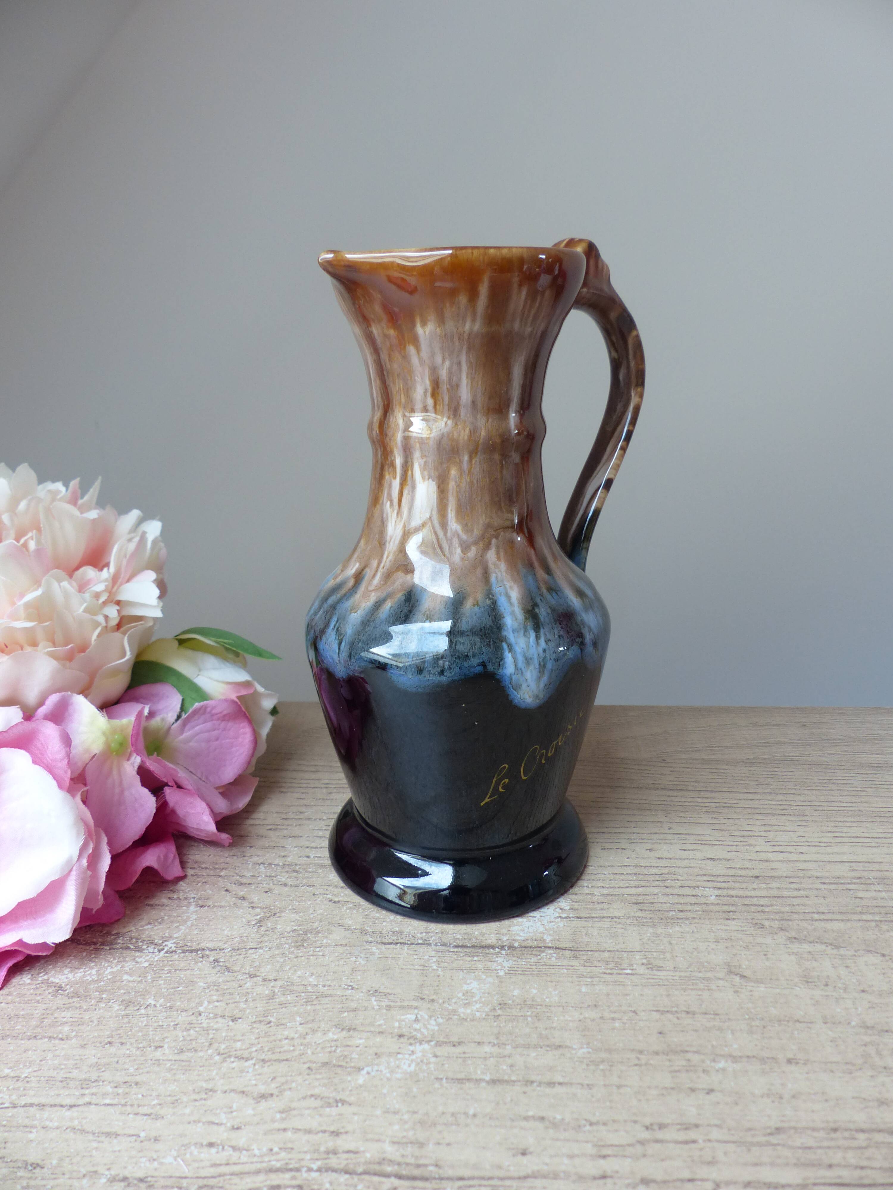 Old wine pitcher carafe in brown and blue flamed stoneware vintage 1960