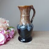 Ancien pichet à vin carafe en grès flammé marron et bleu vintage 1960