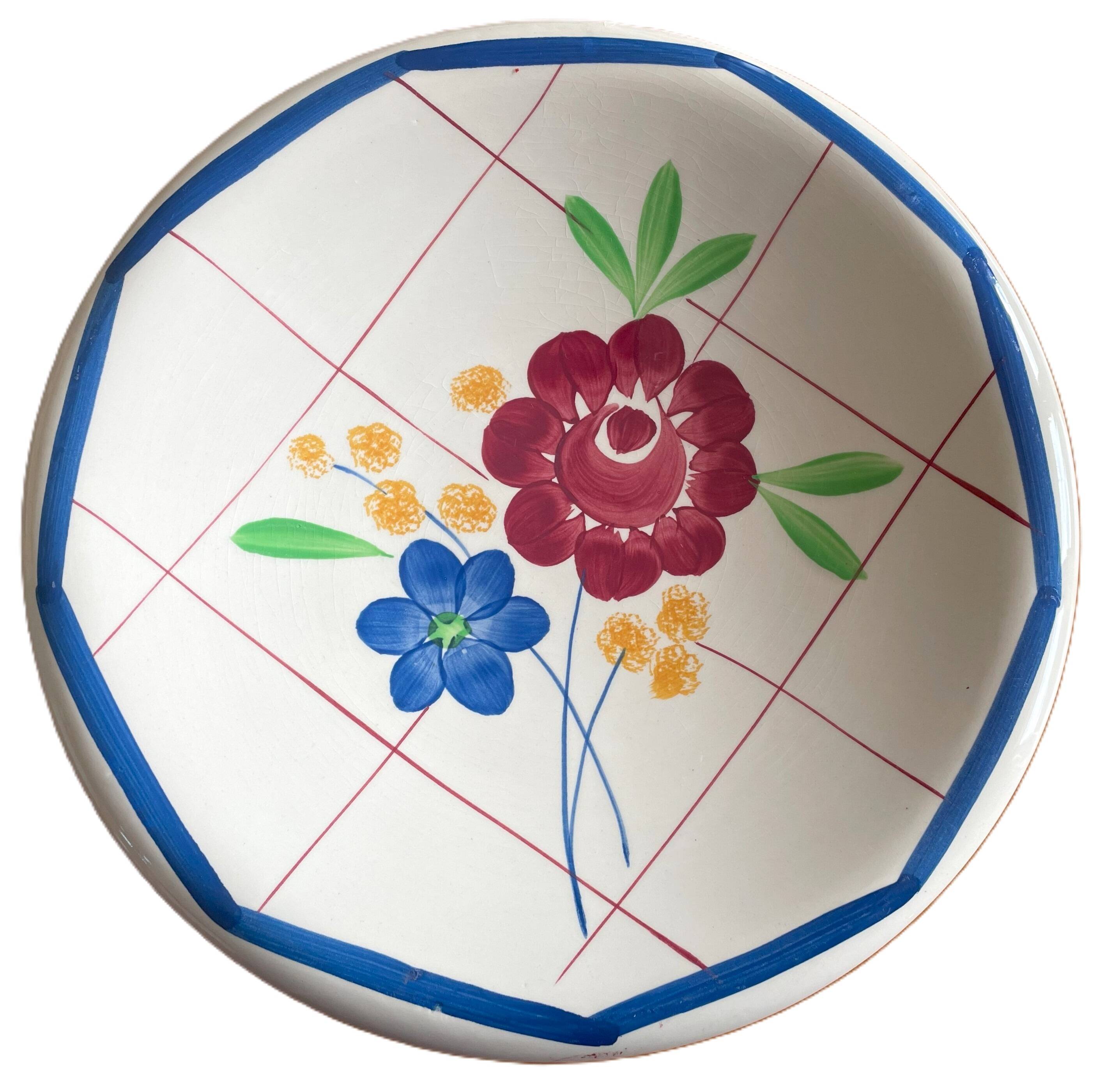 Large antique salad bowl on a Gien earthenware pedestal