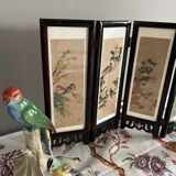 Paravent de table chinois en papier de soie peint, bois et verre