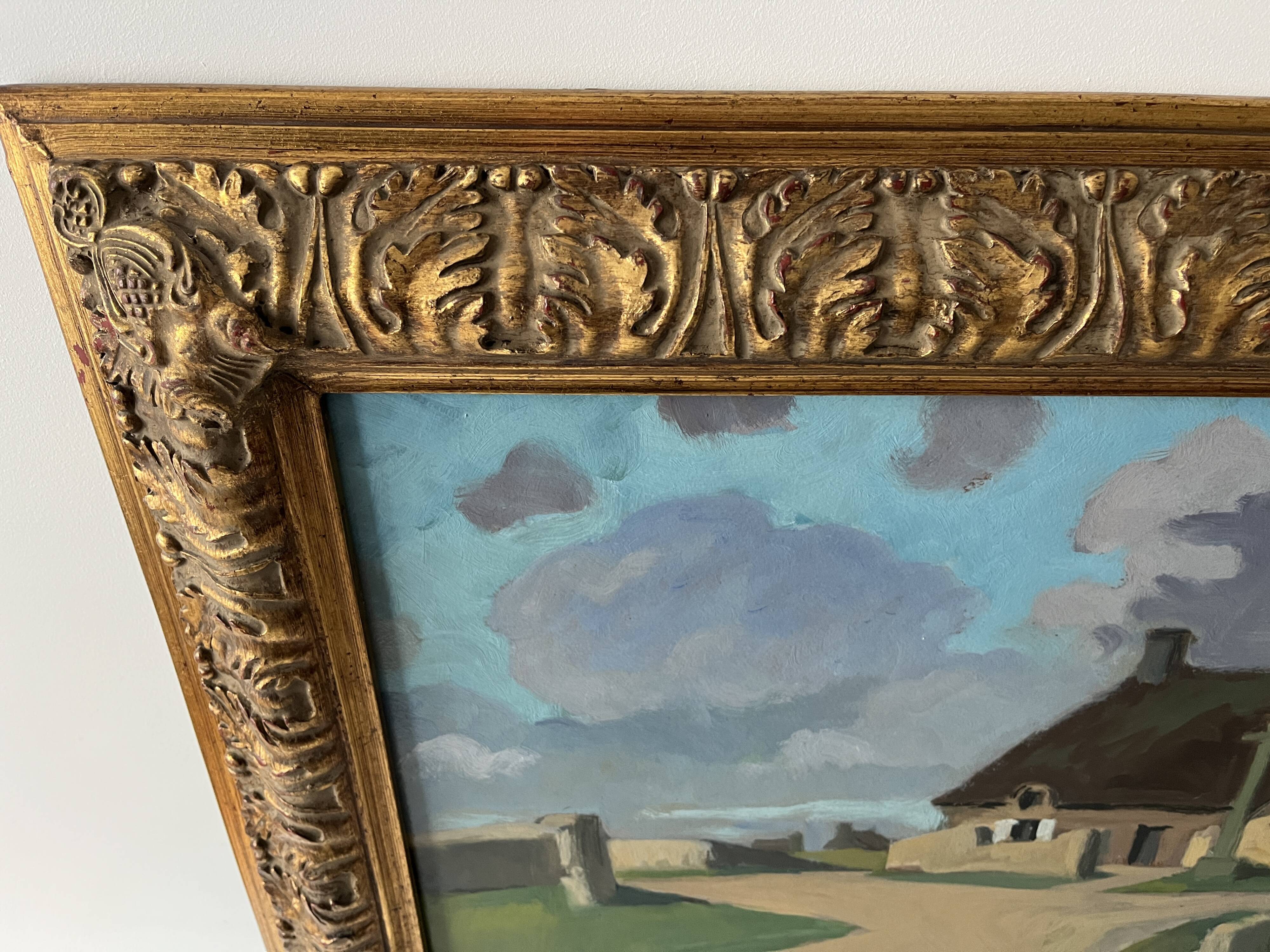 Large oil on panel of a Breton landscape 1950, antique painting signed.