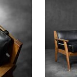 Vintage Mid-Century German Modern Oak & Black Leather Sofa, 1960s