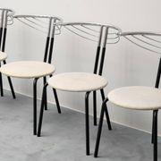 Set of 6 vintage chairs in chromed metal and white fabric, 1980s modernism