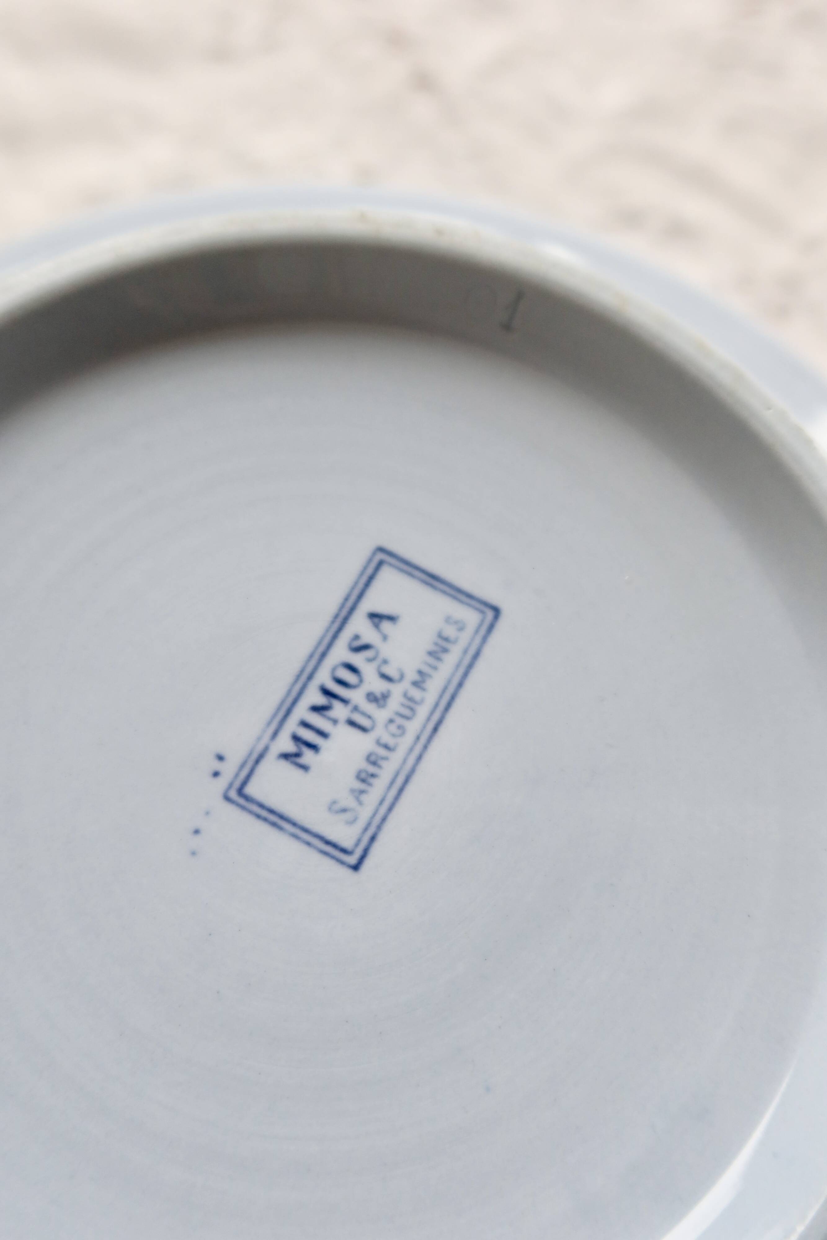 Antique earthenware salad bowl Sarreguemines U&C model Mimosa blue