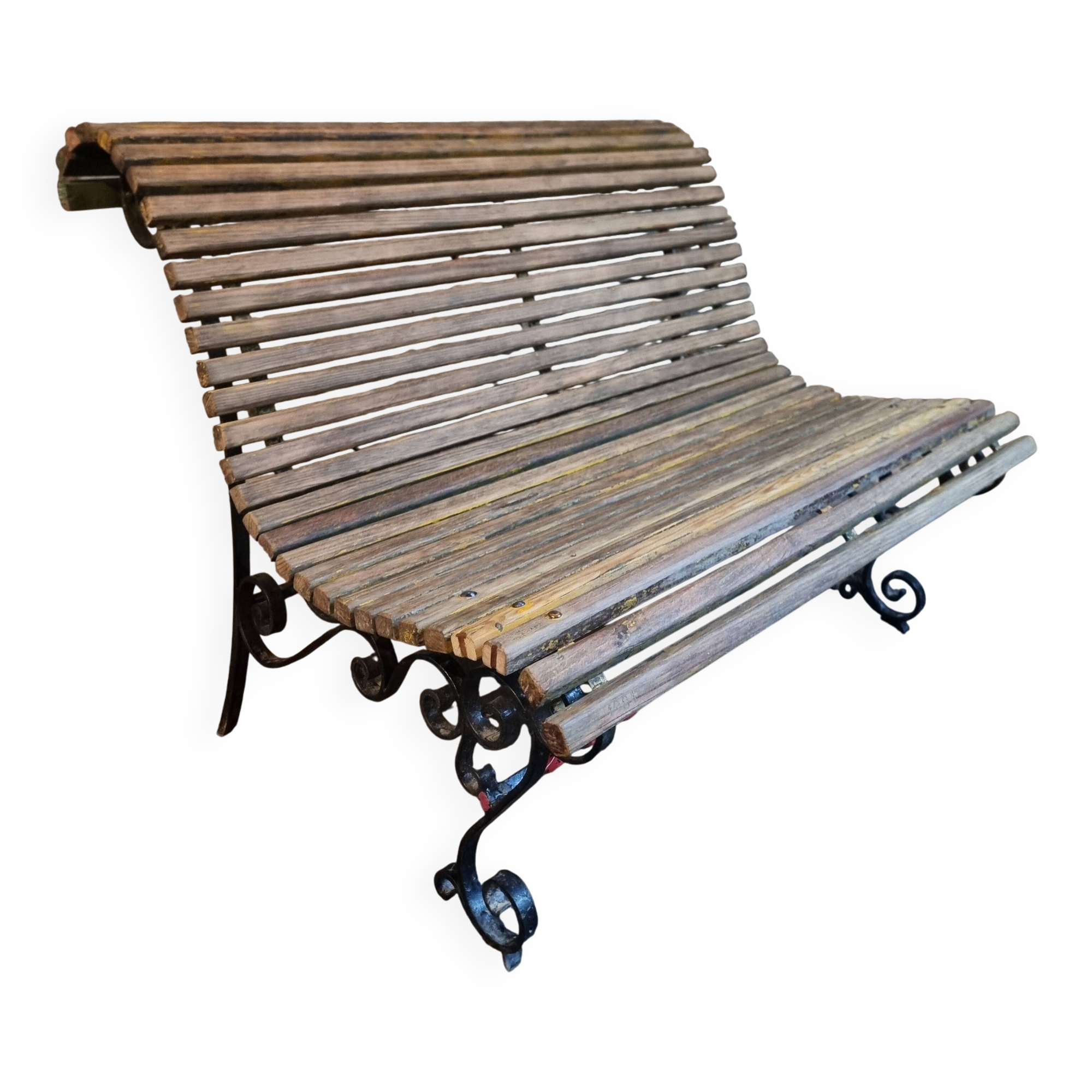 French garden bench in iron and wooden slats, mid-20th century.