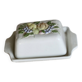 Large vintage faience butter dish with a fruit motif.