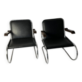 Pair of 1930s - 40s Bauhaus Cantilever Armchairs – Tubular Steel, Wooden Arms