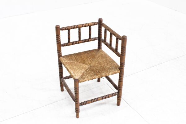 Banc Bobbin vintage avec assise en jonc, années 1920