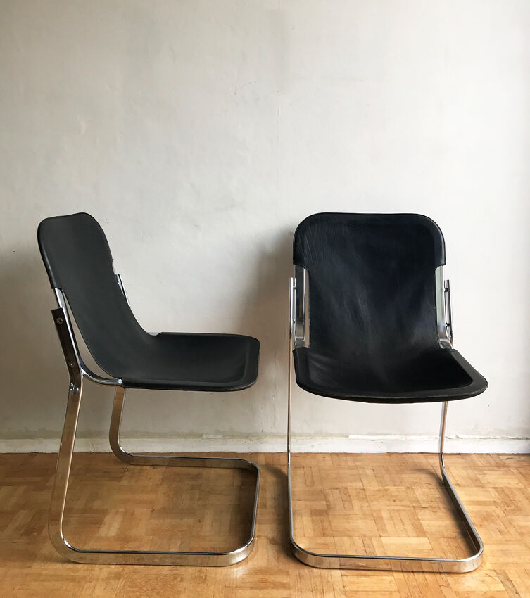 Set of 6 chairs in chrome metal and black leather - 1970