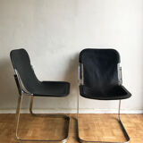 Set of 6 chairs in chrome metal and black leather - 1970