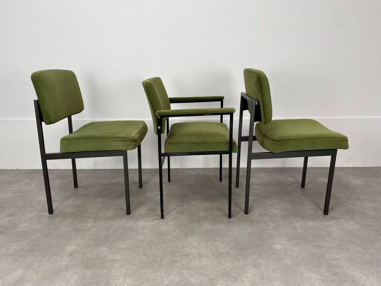 2 chairs and 1 office armchair from the 1950s in green velvet and black metal.