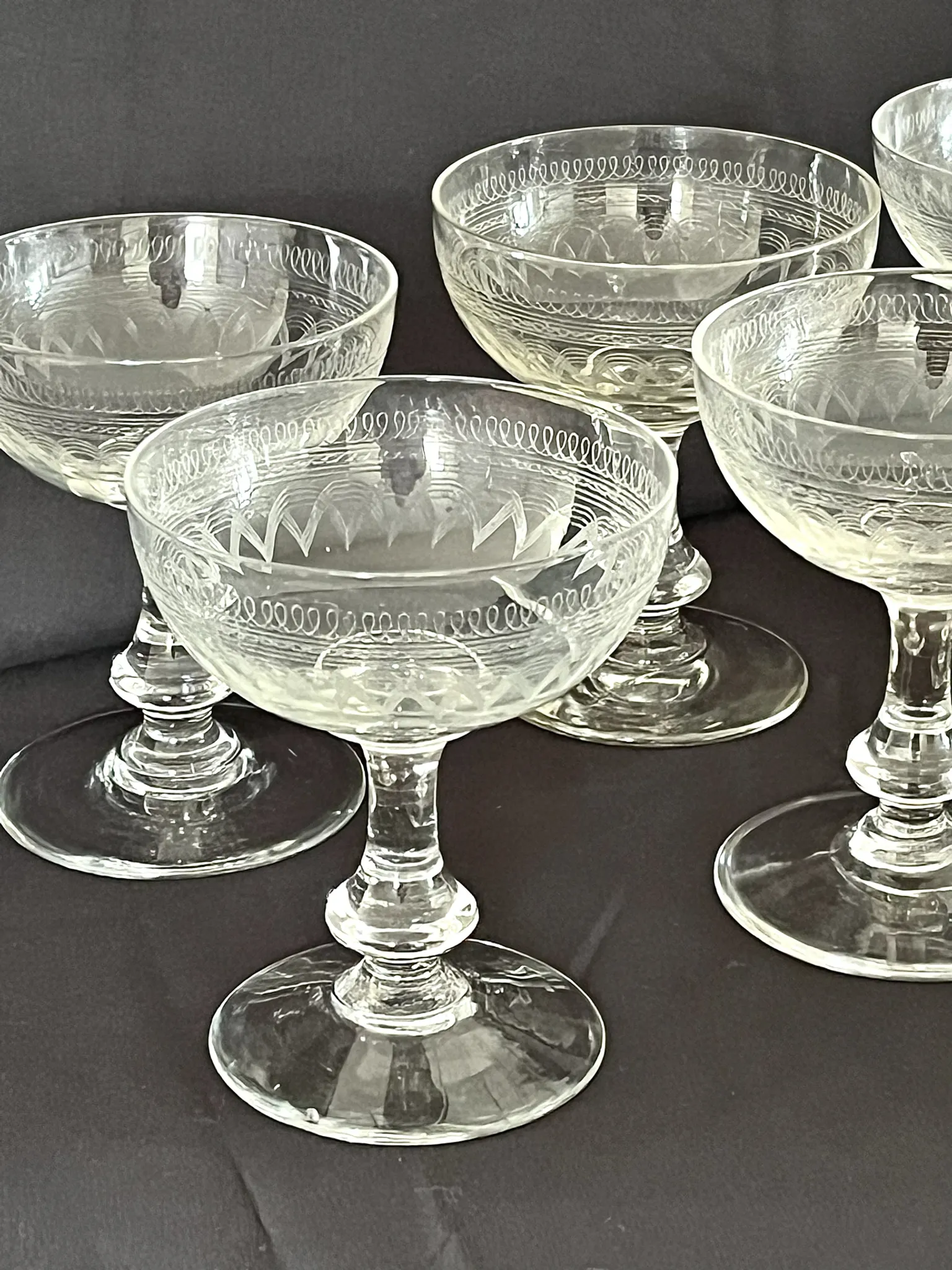 Champagne Coupes – Set of 6 Antique Hand Engraved Art Deco Stemware