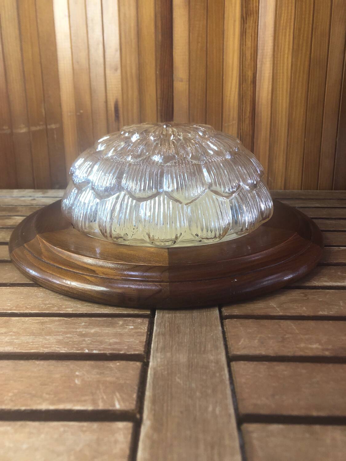 Old golden molded glass pendant light + vintage wood contour #a378