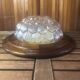 Old golden molded glass pendant light + vintage wood contour #a378