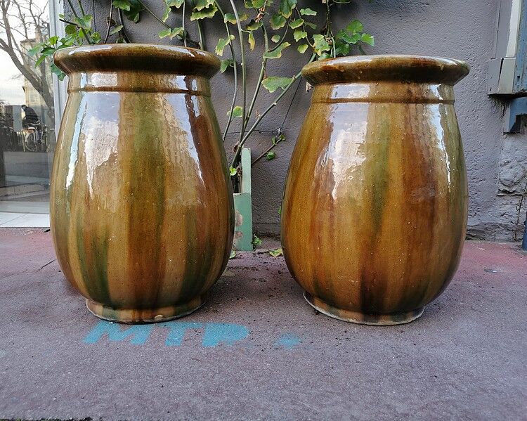 Pair of Provençal enamelled terracotta jars