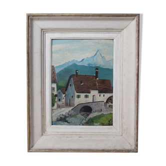 Tableau huile sur panneau, paysage montagnard