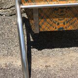 Pair of 2 atypical armchairs wood, chrome and leather vintage 1980