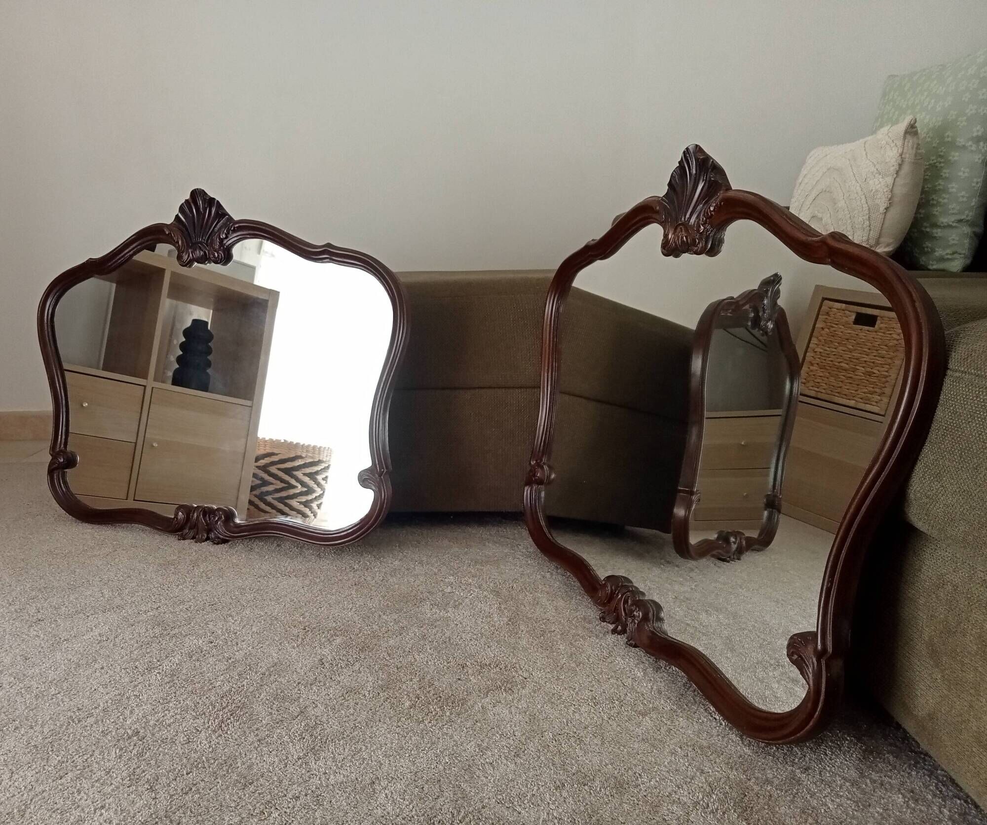 Pair of large antique Rococo style Louis XV mirrors in carved solid wood.