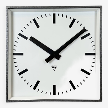 Large grey industrial square wall clock from pragotron, 1970s