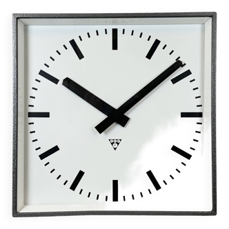 Large grey industrial square wall clock from pragotron, 1970s