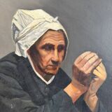 Oil on canvas by M. Dorion 1893 portrait of a Breton woman at work