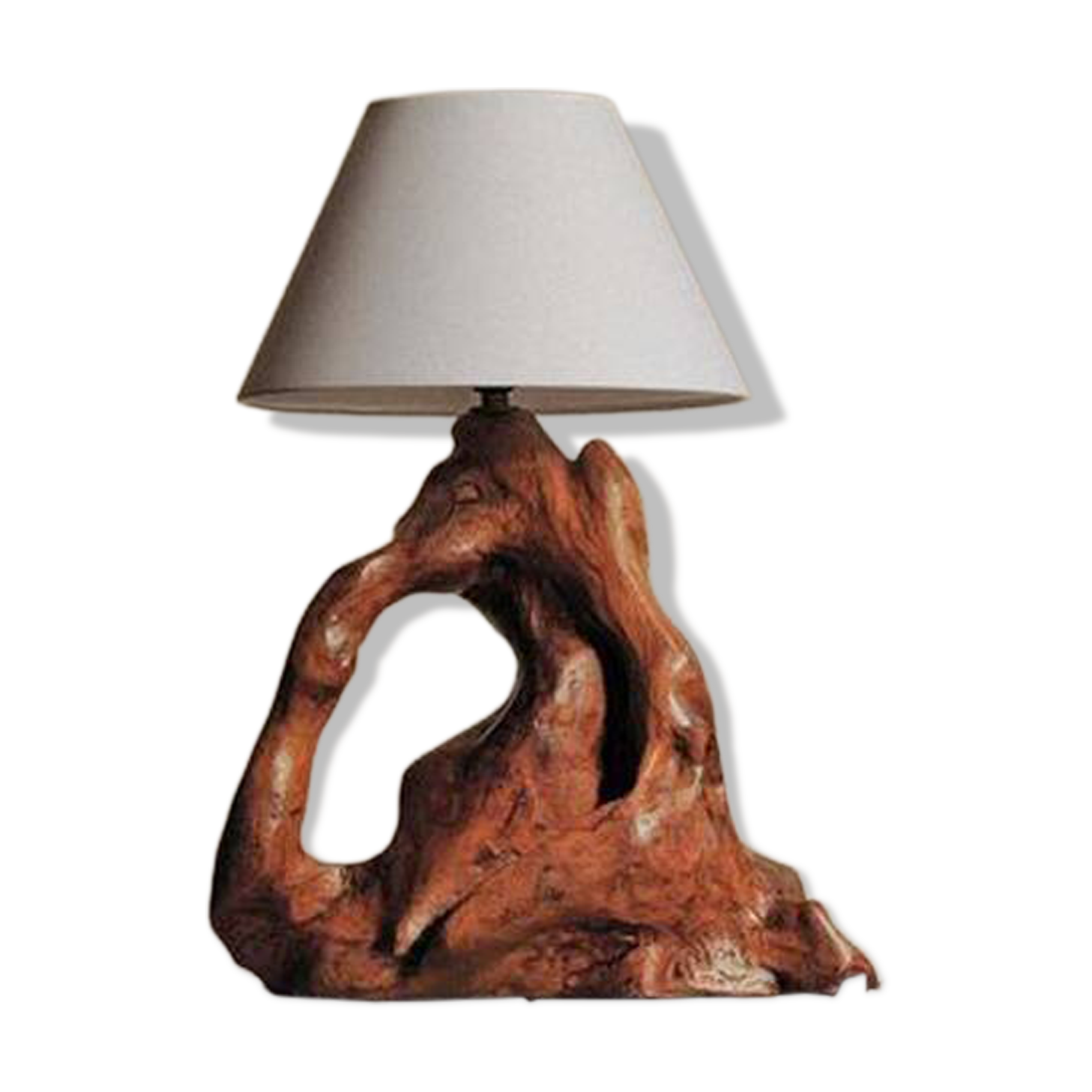Sculptural lamp made of olive wood, around 1960.
